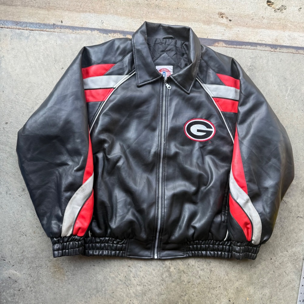 Vintage Georgia Bulldogs Leather Bomber Jacket Faux Black Red L Boxy